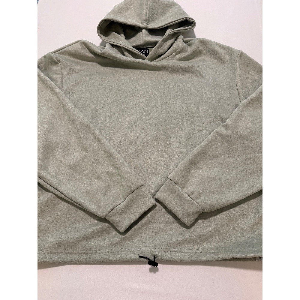 boohooMAN Mens Sage Green Faux Suede Hoodie Drawstring Hem Pullover L ZZ4951